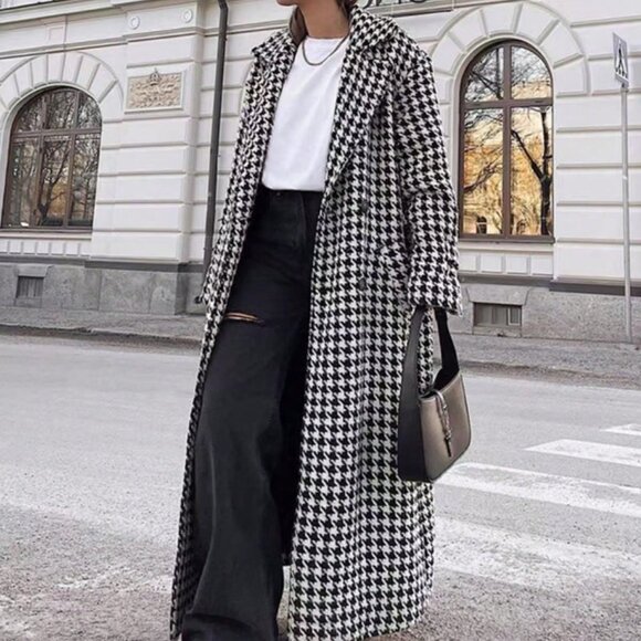 Black And White Elegant Women's houndstooth belted long Coat jacket - Picture 1 of 6